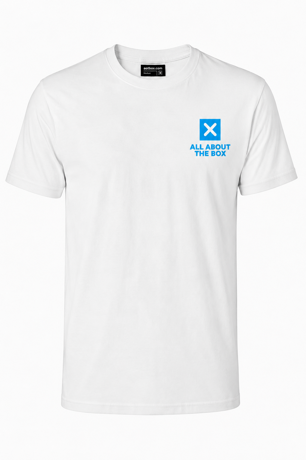 AATBOX White Short Sleeve T Shirt with Small Blue Blue Logo Large Logo on the back