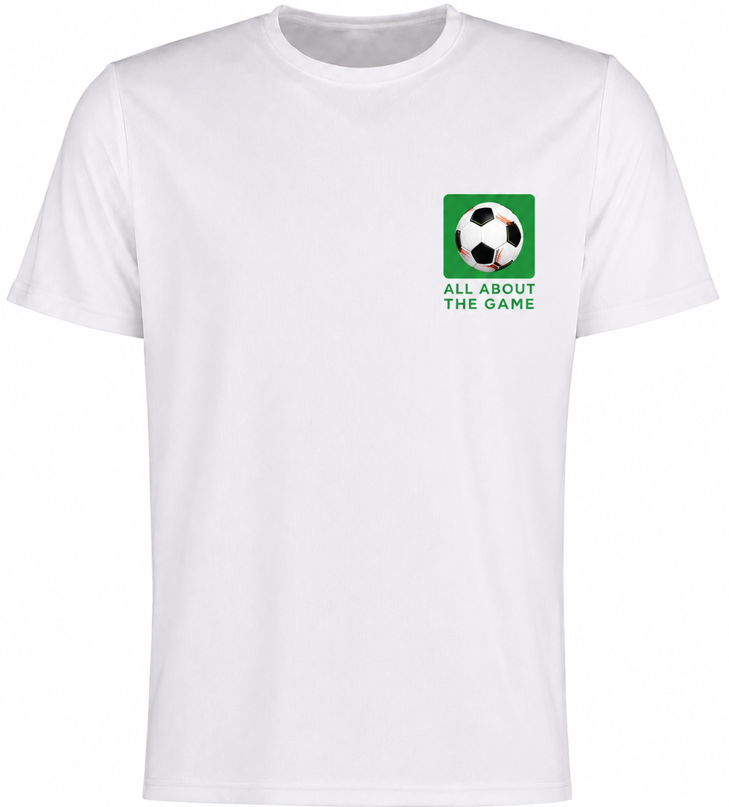 AATBOX White Short Sleeve T Shirt with All About The game Football logo and Box Logo on rear
