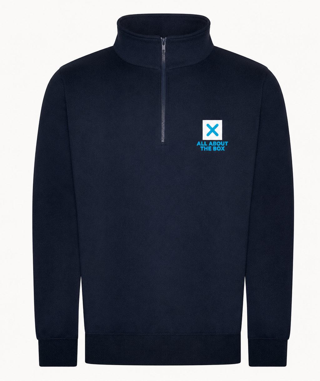 Navy Blue Sophomore Zip Neck Sweatshirt with Light Blue/White Box chest logo