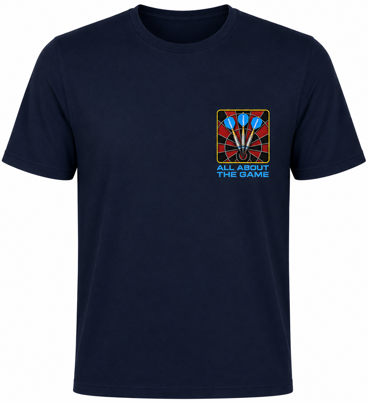 AATBOX Navy Blue Short Sleeve T Shirt with All About The game Darts logo and Box Logo on rear