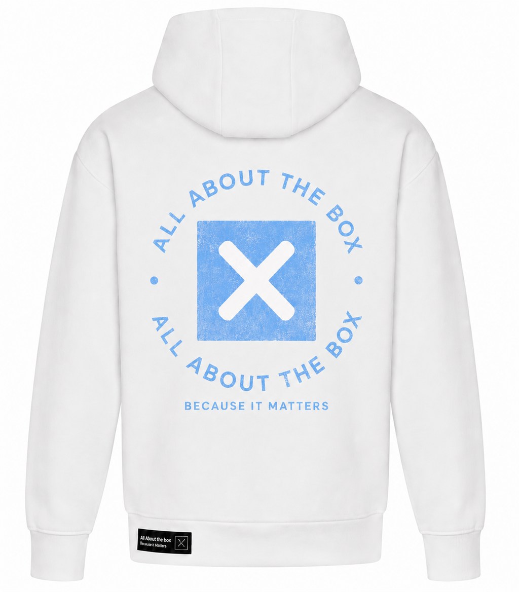 White Heavyweight Hoodie Front and Back Logo's