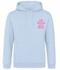 Light Blue aatbox College Hoodie with Pink logo on the front