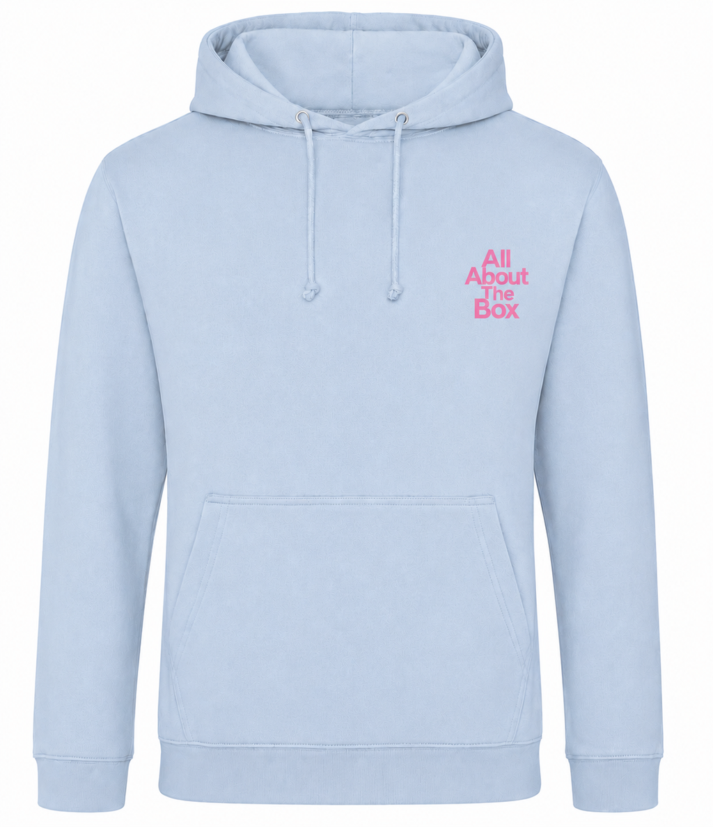 Light Blue aatbox College Hoodie with Pink logo on the front and large Logo on rear