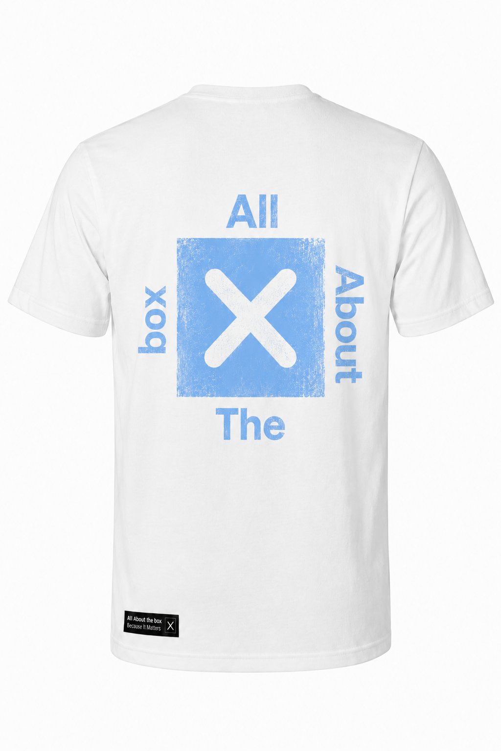 AATBOX White Short Sleeve T Shirt with Small Blue Blue Logo Large Logo on the back