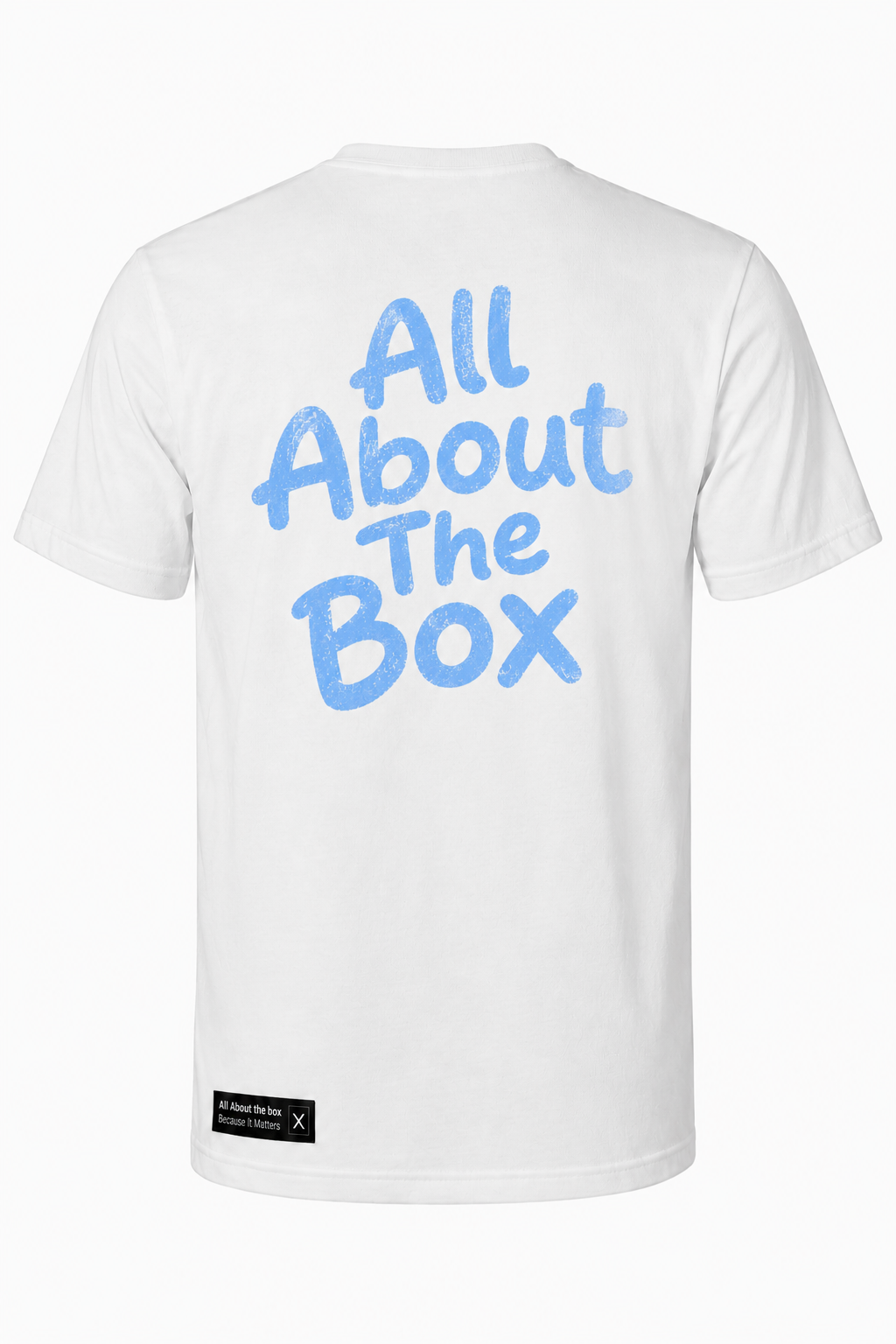AATBOX White Short Sleeve T Shirt with Small Blue Blue Logo Large Logo on the back