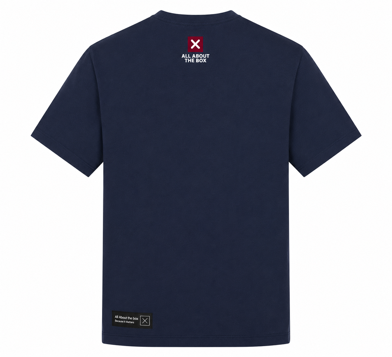 AATBOX Navy Blue Short Sleeve T Shirt with Who Cares and Box Logo on the back