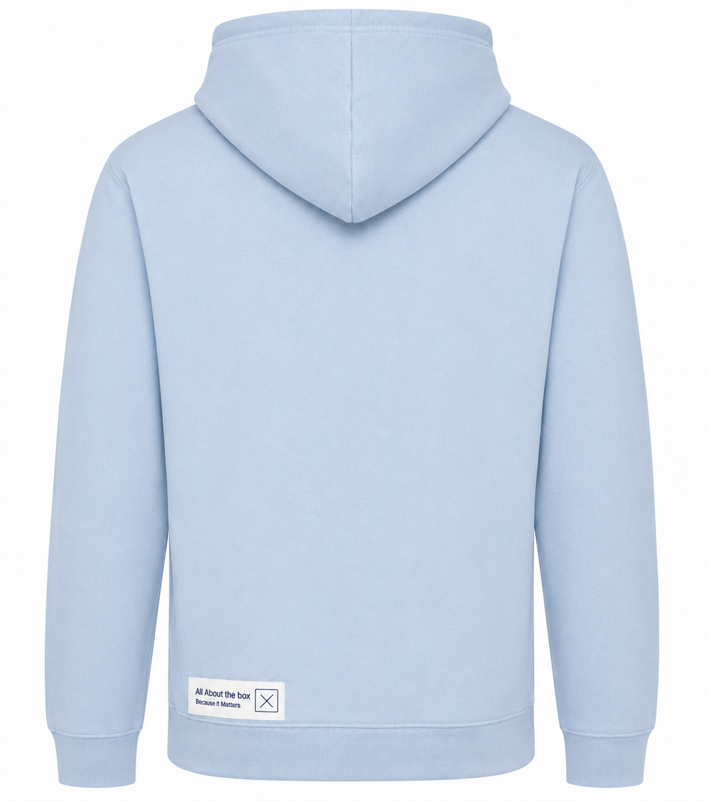 Light Blue aatbox College Hoodie with white logo on the front