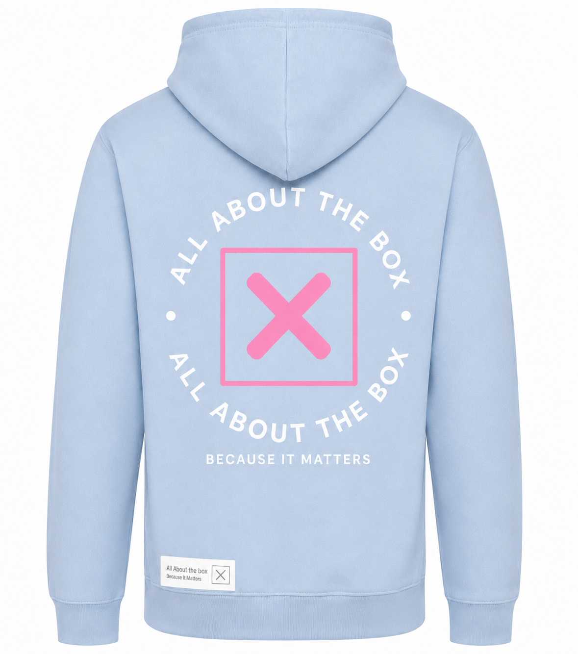 Light Blue aatbox College Hoodie with Pink logo on the front and large Logo on rear