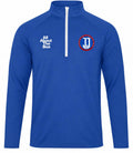 A royal blue long-sleeve quarter-zip pullover with a white zipper, featuring the white text 'All About The Box' on the right chest and a circular red, white, and blue 'JJ' logo on the left chest.