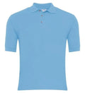 A light blue short-sleeve polo shirt with a three-button placket, shown on a plain white background.