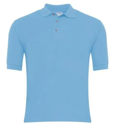 A light blue short-sleeve polo shirt with a three-button placket, shown on a plain white background.